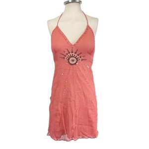 Vintage Y2k Heart Moon Star Embellished Silk Sleeveless Halter Dress Size Small